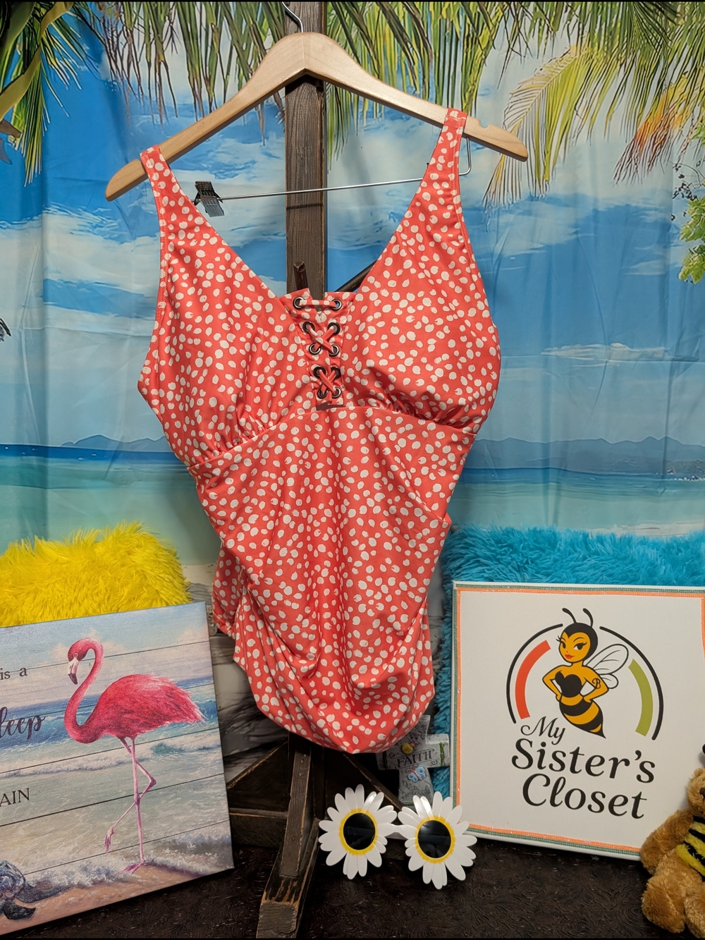 Orange Polka Dot Lace-Up Tankini Top Swimsuit